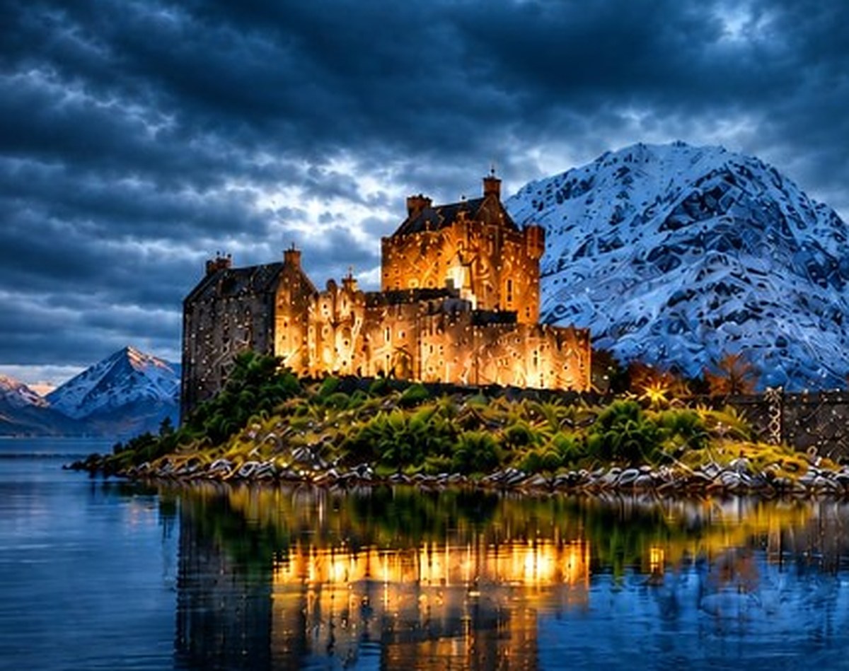 Lit castle reflected in a still loch at dusk