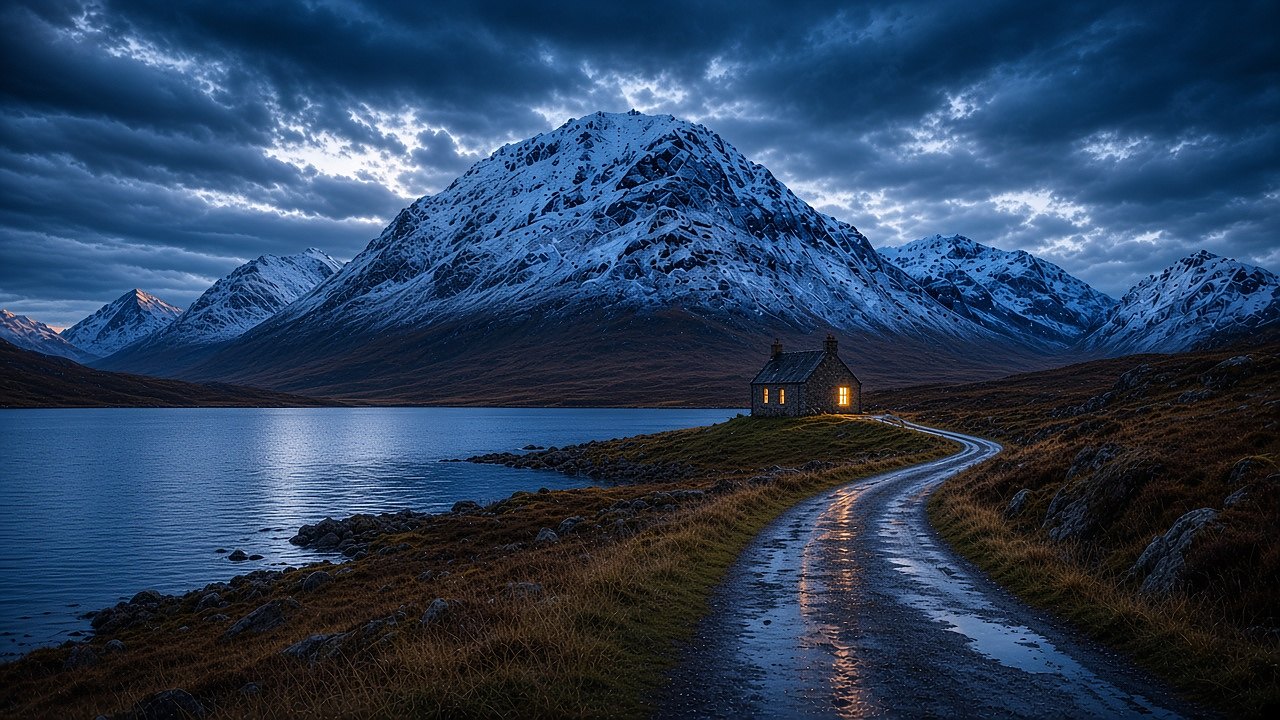 A Highland road beside a loch at dusk